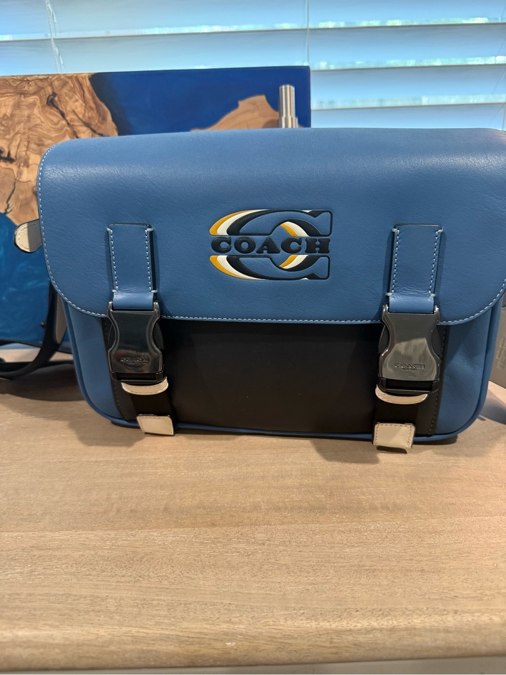 Coach Blue and Black Leather Messenger Bag with Yellow Logo Detail